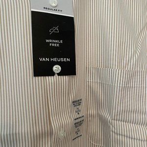 VAN HEUSEN MENS DRESS SHIRT WHITE WITH TAN STRIPS